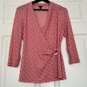 Ann Taylor Coral Color Blouse with White Design and Gold Accent at Waist, Size M